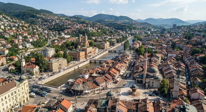 Pogled iz vazduha na Sarajevo, Sarajevska regija, Bosna i Hercegovina — odredište kombi prevoza iz Srbije