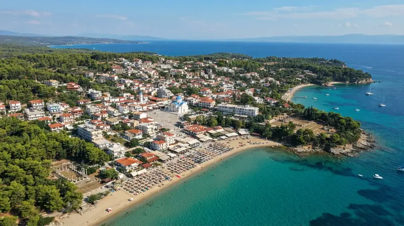 Pogled iz vazduha na Kaliteu, Kasandra, Grčka — odredište kombi prevoza iz Srbije