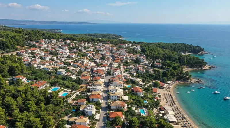 Pogled iz vazduha na Kriopigi, Kasandra, Grčka — odredište kombi prevoza iz Srbije