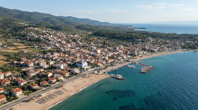 Pogled iz vazduha na Makrigialos, Olimpska rivijera, Grčka — odredište kombi prevoza iz Srbije