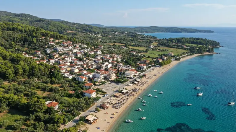 Pogled iz vazduha na Metamorfosi, Sitonija, Grčka — odredište kombi prevoza iz Srbije