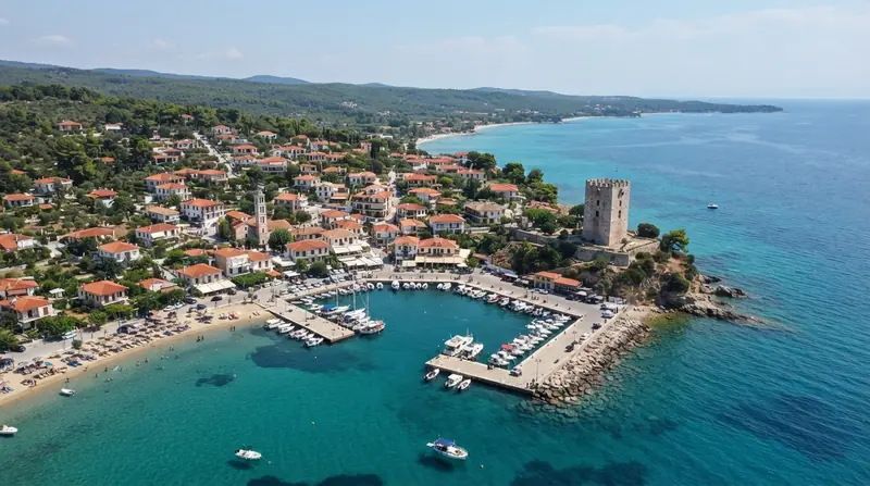 Pogled iz vazduha na Nea Fokeu, Kasandra, Grčka — odredište kombi prevoza iz Srbije