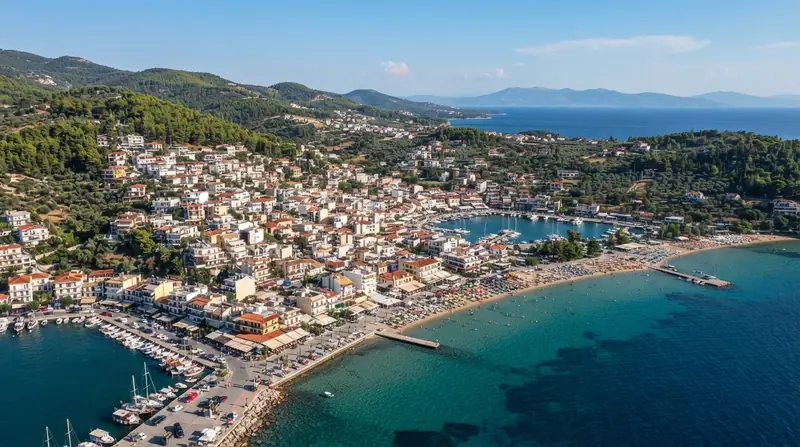 Pogled iz vazduha na Neos Marmaras, Sitonija, Grčka — odredište kombi prevoza iz Srbije