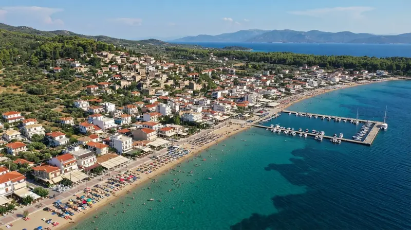 Pogled iz vazduha na Nikiti, Sitonija, Grčka — odredište kombi prevoza iz Srbije