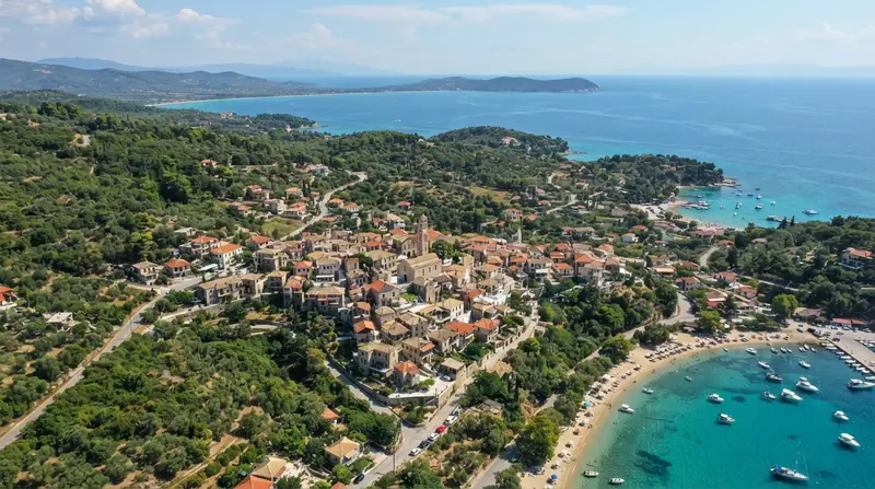 Pogled iz vazduha na Paliouri, Kasandra, Grčka — odredište kombi prevoza iz Srbije