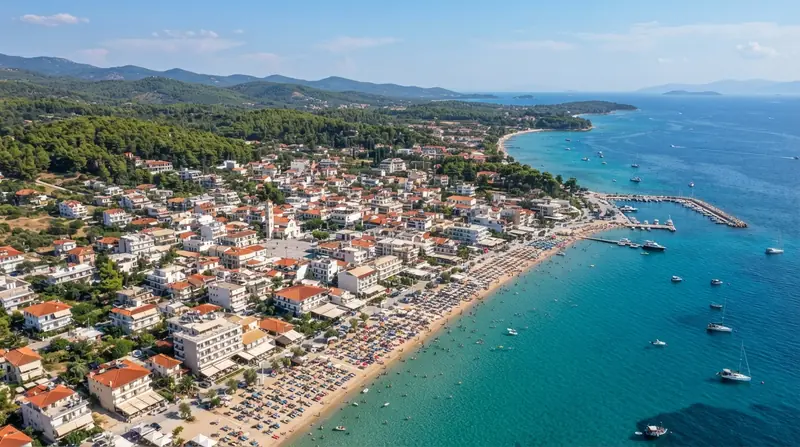 Pogled iz vazduha na Pefkohori, Kasandra, Grčka — odredište kombi prevoza iz Srbije