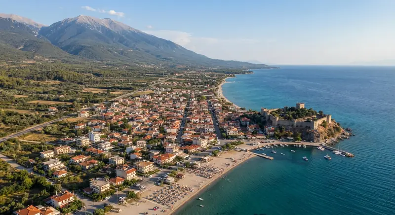 Pogled iz vazduha na Platamonas, Olimpska rivijera, Grčka — odredište kombi prevoza iz Srbije