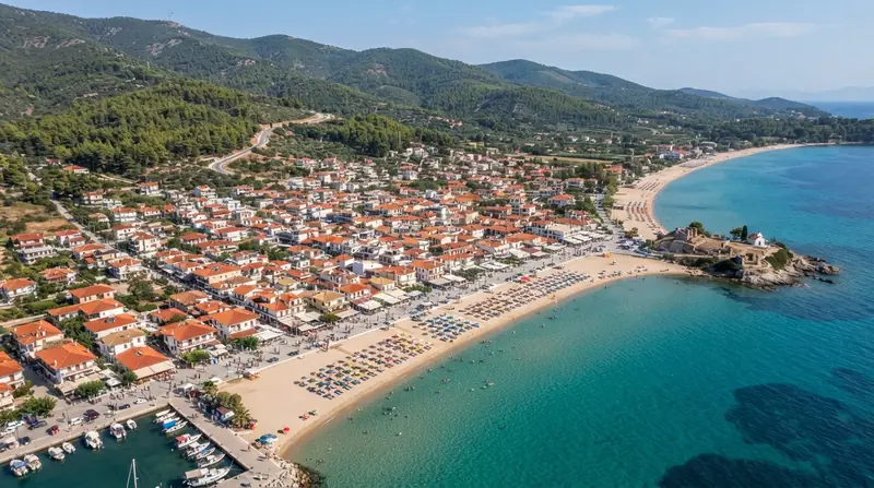 Pogled iz vazduha na Sarti, Sitonija, Grčka — odredište kombi prevoza iz Srbije