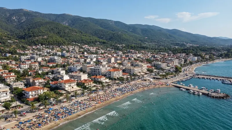 Pogled iz vazduha na Stavros, Solunska regija, Grčka — odredište kombi prevoza iz Srbije