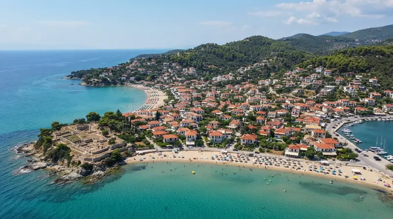 Pogled iz vazduha na Toroni, Sitonija, Grčka — odredište kombi prevoza iz Srbije