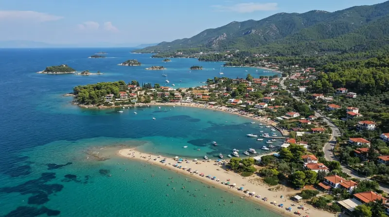 Pogled iz vazduha na Vourvourou, Sitonija, Grčka — odredište kombi prevoza iz Srbije