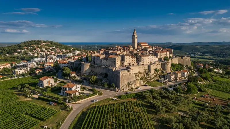 Pogled iz vazduha na Buje, Istra, Hrvatska — odredište kombi prevoza iz Srbije