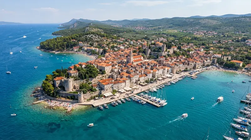 Pogled iz vazduha na Krk, Kvarner, Hrvatska — odredište kombi prevoza iz Srbije