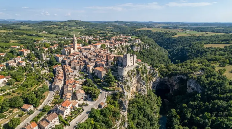 Pogled iz vazduha na Pazin, Istra, Hrvatska — odredište kombi prevoza iz Srbije