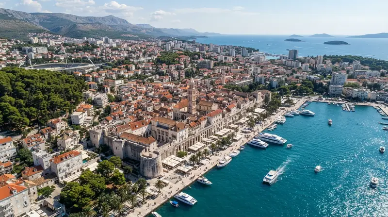 Pogled iz vazduha na Split, Srednja Dalmacija, Hrvatska — odredište kombi prevoza iz Srbije