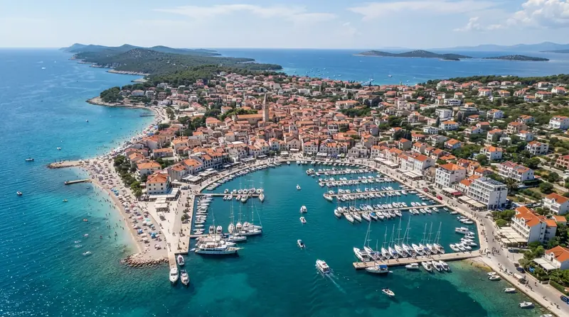 Pogled iz vazduha na Vodice, Severna Dalmacija, Hrvatska — odredište kombi prevoza iz Srbije