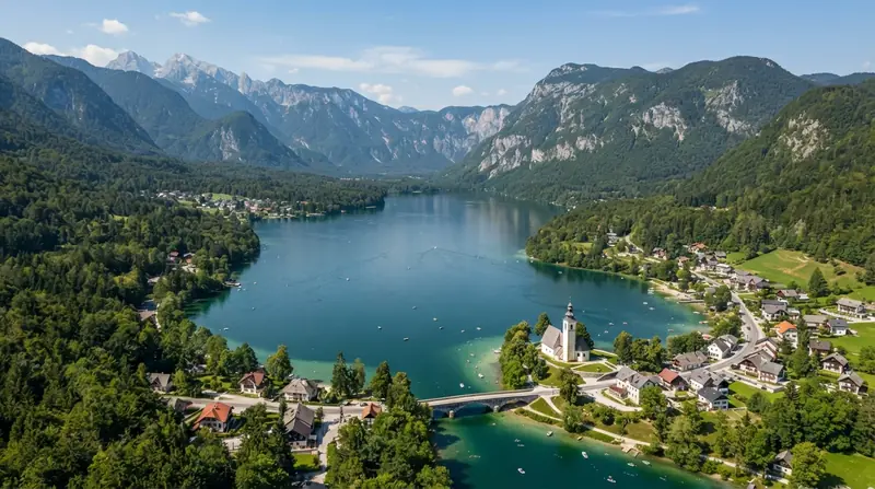 Pogled iz vazduha na Bohinj, Centralna Slovenija, Slovenija — odredište kombi prevoza iz Srbije