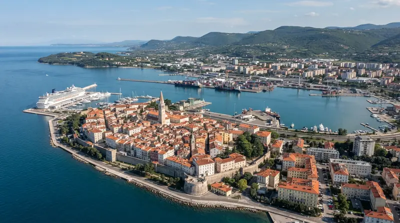 Pogled iz vazduha na Koper, Slovenačka obala, Slovenija — odredište kombi prevoza iz Srbije