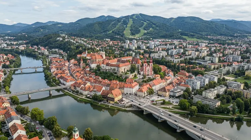 Pogled iz vazduha na Maribor, Štajerska, Slovenija — odredište kombi prevoza iz Srbije