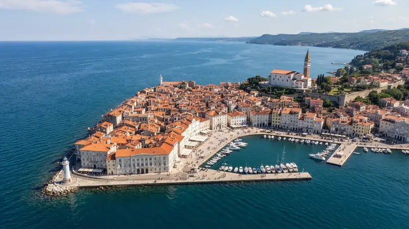 Pogled iz vazduha na Piran, Slovenačka obala, Slovenija — odredište kombi prevoza iz Srbije