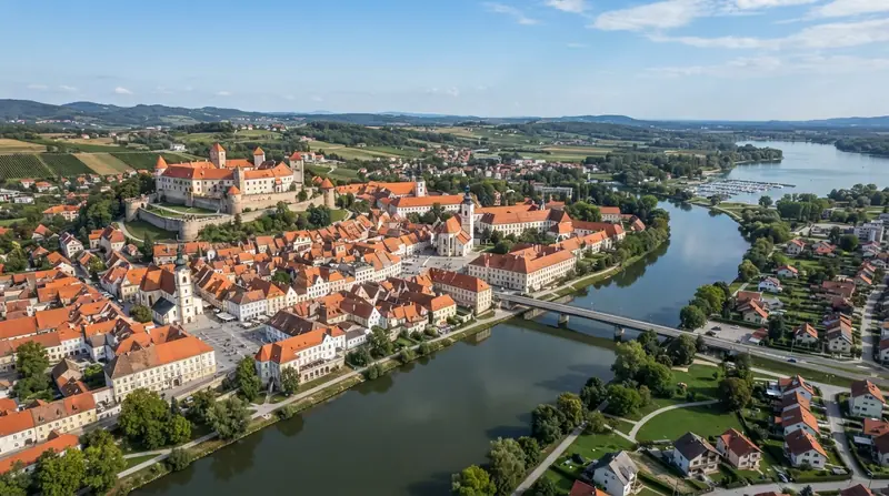 Pogled iz vazduha na Ptuj, Štajerska, Slovenija — odredište kombi prevoza iz Srbije