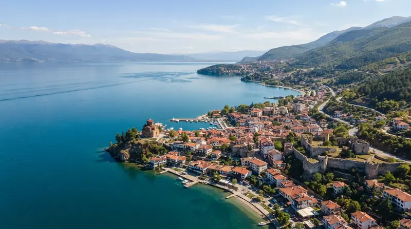 Pogled iz vazduha na region Ohridsko jezero, Severna Makedonija — kombi prevoz iz Srbije do Ohridskog jezera