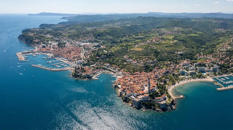Pogled iz vazduha na region Slovenačka obala, Slovenija — kombi prevoz iz Srbije do Slovenačke obale